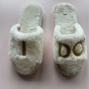 White Furry Slippers with gold I DO for bride